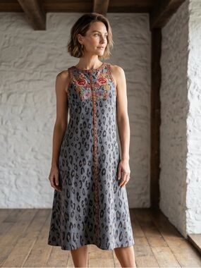 THML Gray Leopard Midi Dress with Edgy Leopard Print Floral Embroidery